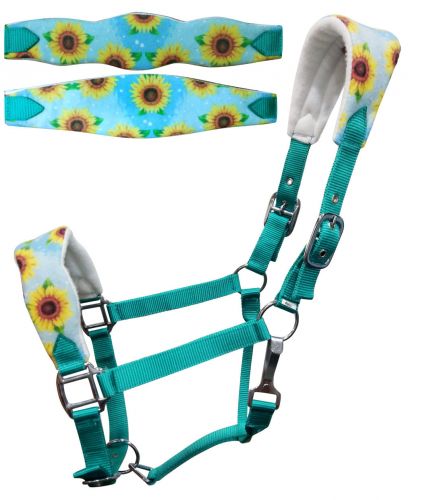 Showman  Adjustable turquoise nylon bronc halter with a sunflower noseband